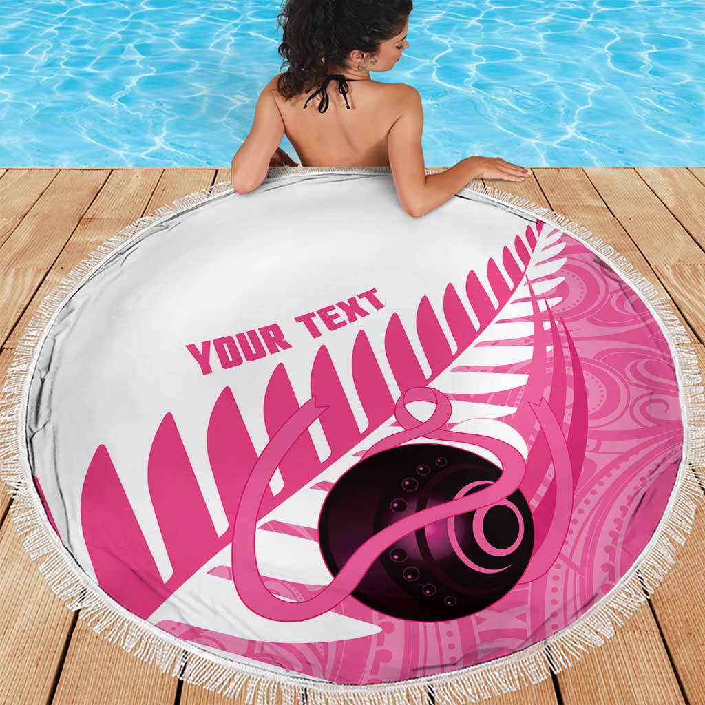 New Zealand Lawn Bowls Breast Cancer Custom Beach Blanket Aotearoa Maori Silver Fern Pink Ribbon - Polynesian Pride