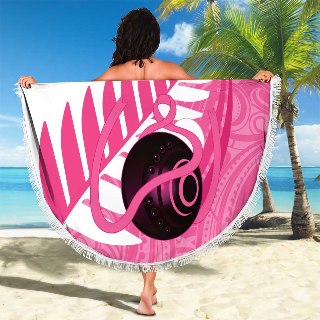 New Zealand Lawn Bowls Breast Cancer Custom Beach Blanket Aotearoa Maori Silver Fern Pink Ribbon - Polynesian Pride