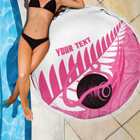 New Zealand Lawn Bowls Breast Cancer Custom Beach Blanket Aotearoa Maori Silver Fern Pink Ribbon - Polynesian Pride