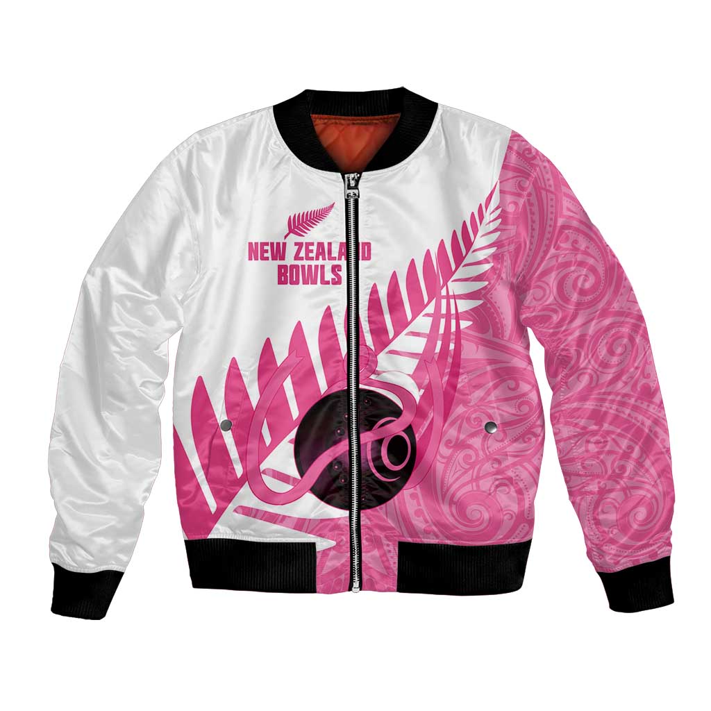 New Zealand Lawn Bowls Breast Cancer Custom Bomber Jacket Aotearoa Maori Silver Fern Pink Ribbon - Polynesian Pride