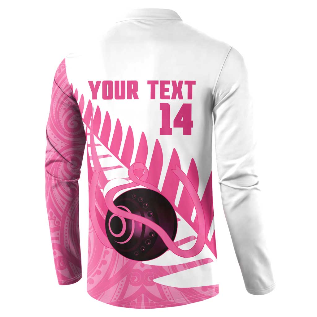 New Zealand Lawn Bowls Breast Cancer Custom Button Sweatshirt Aotearoa Maori Silver Fern Pink Ribbon - Polynesian Pride