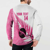 New Zealand Lawn Bowls Breast Cancer Custom Button Sweatshirt Aotearoa Maori Silver Fern Pink Ribbon - Polynesian Pride