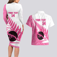 New Zealand Lawn Bowls Breast Cancer Custom Couples Matching Long Sleeve Bodycon Dress and Hawaiian Shirt Aotearoa Maori Silver Fern Pink Ribbon - Polynesian Pride