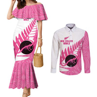 New Zealand Lawn Bowls Breast Cancer Custom Couples Matching Mermaid Dress and Long Sleeve Button Shirt Aotearoa Maori Silver Fern Pink Ribbon - Polynesian Pride