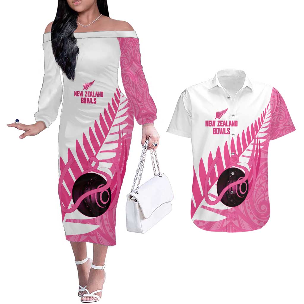 New Zealand Lawn Bowls Breast Cancer Custom Couples Matching Off The Shoulder Long Sleeve Dress and Hawaiian Shirt Aotearoa Maori Silver Fern Pink Ribbon - Polynesian Pride