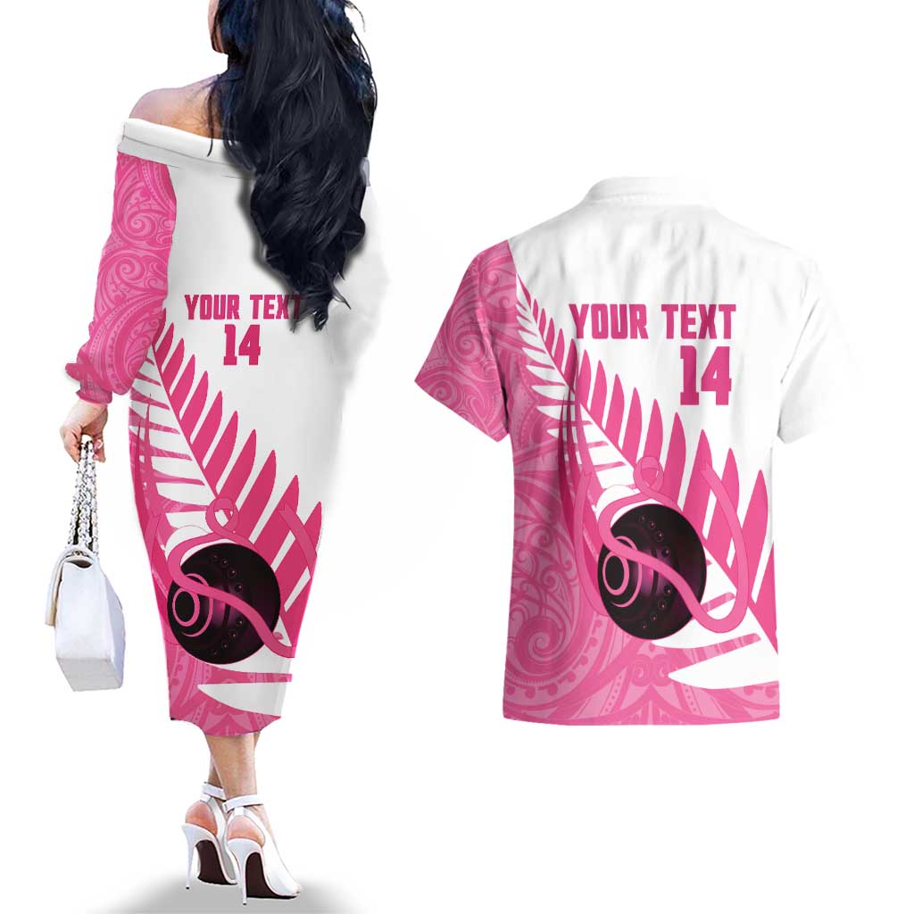 New Zealand Lawn Bowls Breast Cancer Custom Couples Matching Off The Shoulder Long Sleeve Dress and Hawaiian Shirt Aotearoa Maori Silver Fern Pink Ribbon - Polynesian Pride
