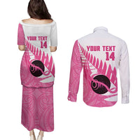 New Zealand Lawn Bowls Breast Cancer Custom Couples Matching Puletasi and Long Sleeve Button Shirt Aotearoa Maori Silver Fern Pink Ribbon - Polynesian Pride
