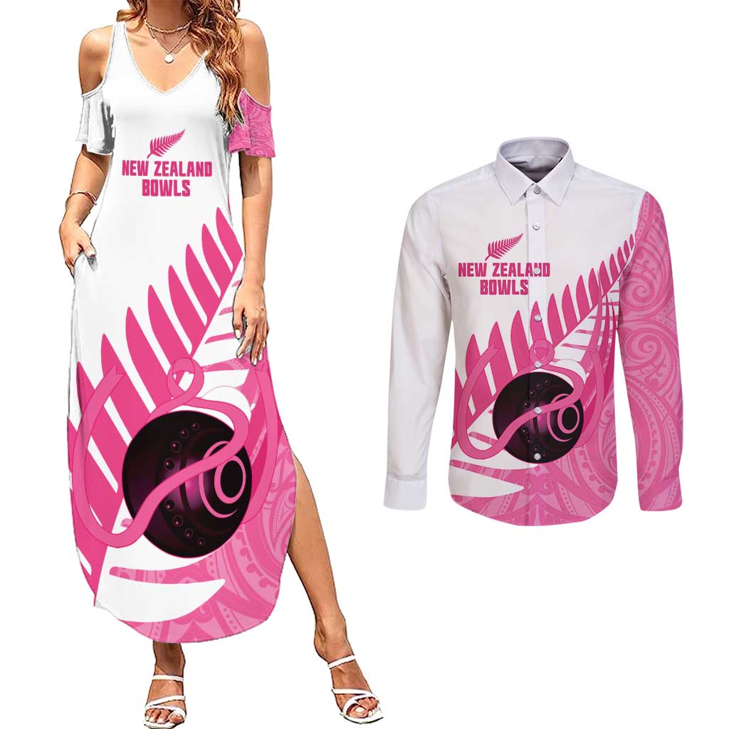 New Zealand Lawn Bowls Breast Cancer Custom Couples Matching Summer Maxi Dress and Long Sleeve Button Shirt Aotearoa Maori Silver Fern Pink Ribbon - Polynesian Pride