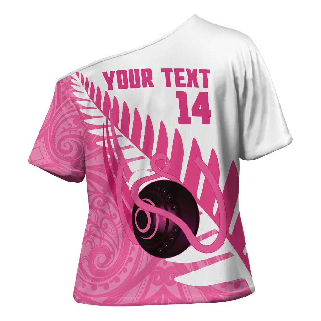 New Zealand Lawn Bowls Breast Cancer Custom Cross Shoulder Shirt Aotearoa Maori Silver Fern Pink Ribbon - Polynesian Pride
