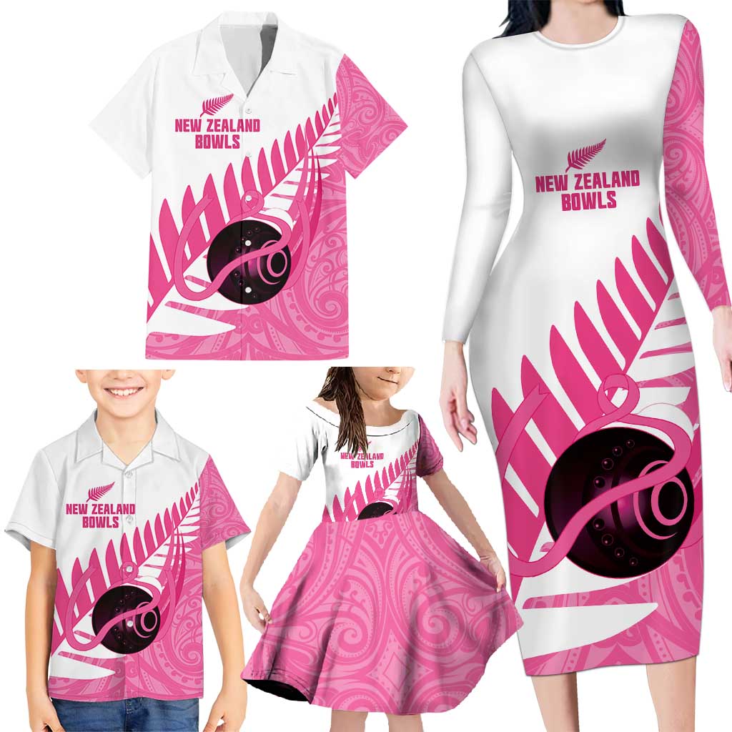 New Zealand Lawn Bowls Breast Cancer Custom Family Matching Long Sleeve Bodycon Dress and Hawaiian Shirt Aotearoa Maori Silver Fern Pink Ribbon - Polynesian Pride