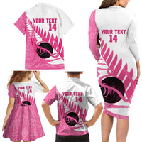 New Zealand Lawn Bowls Breast Cancer Custom Family Matching Long Sleeve Bodycon Dress and Hawaiian Shirt Aotearoa Maori Silver Fern Pink Ribbon - Polynesian Pride