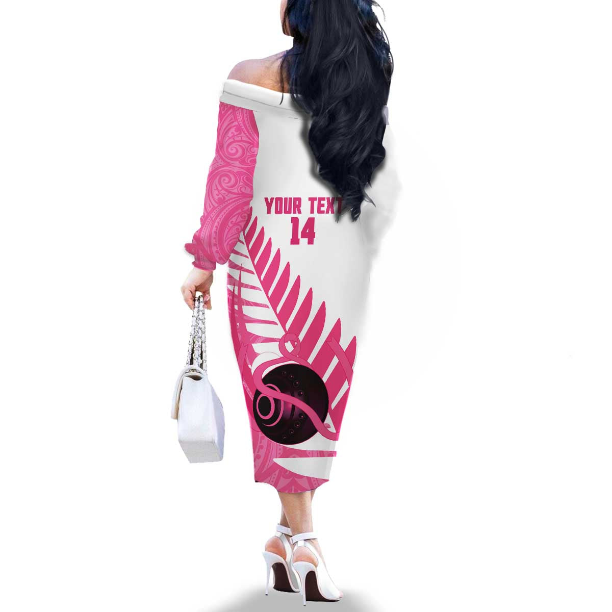 New Zealand Lawn Bowls Breast Cancer Custom Family Matching Off The Shoulder Long Sleeve Dress and Hawaiian Shirt Aotearoa Maori Silver Fern Pink Ribbon - Polynesian Pride