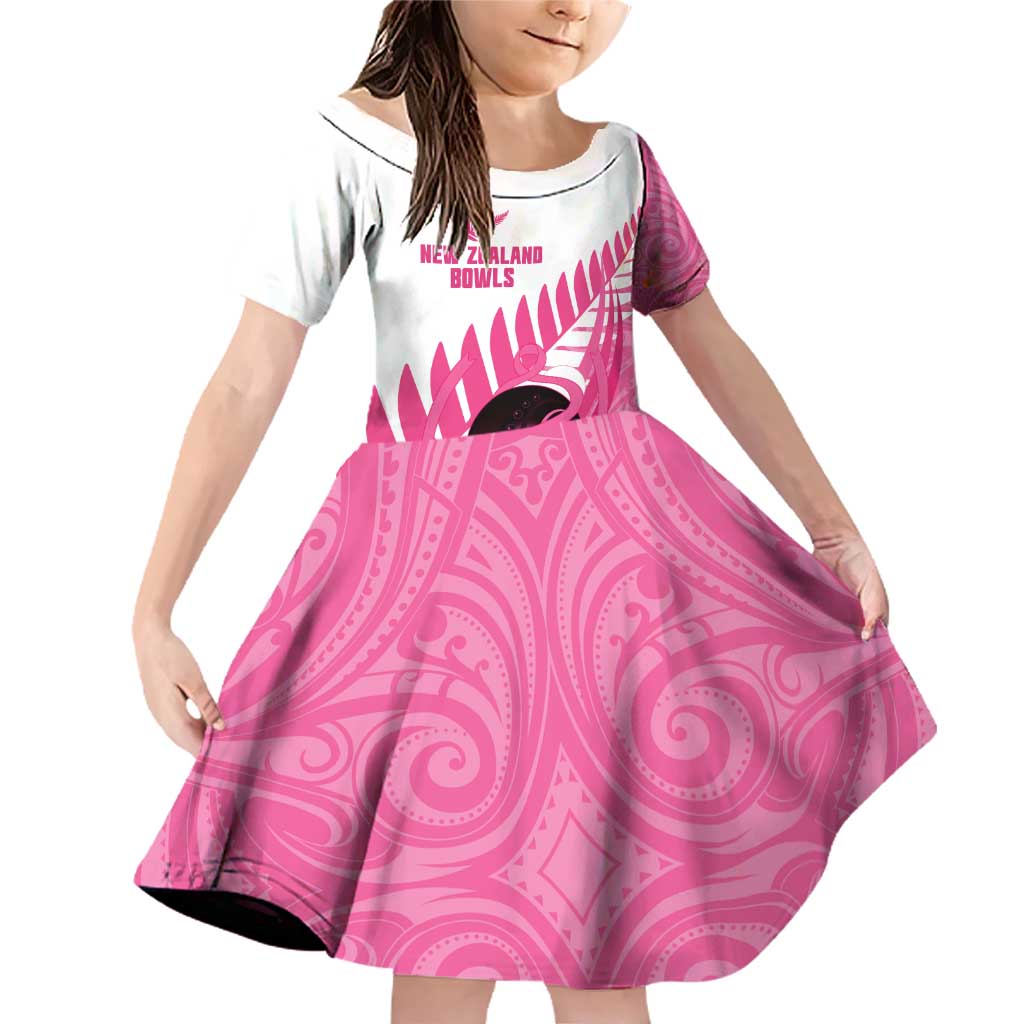 New Zealand Lawn Bowls Breast Cancer Custom Family Matching Off Shoulder Short Dress and Hawaiian Shirt Aotearoa Maori Silver Fern Pink Ribbon - Polynesian Pride