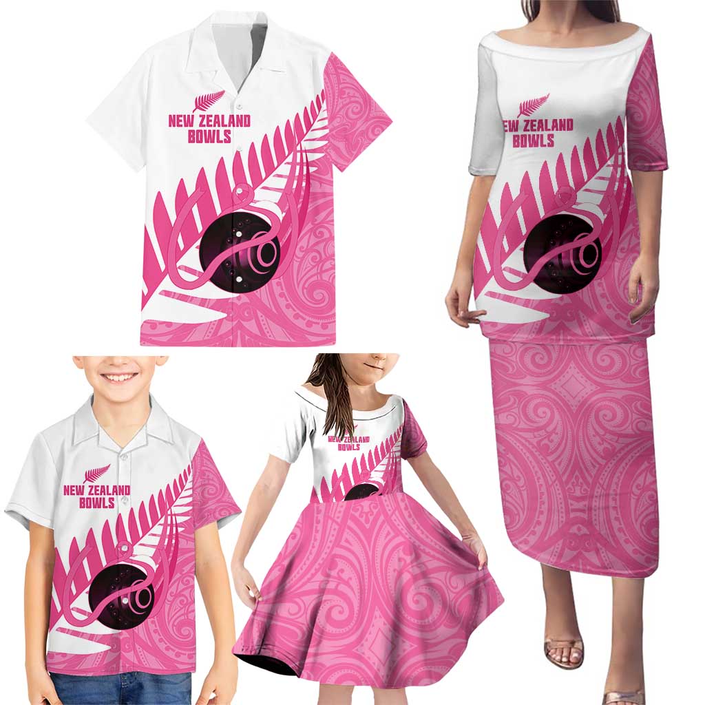 New Zealand Lawn Bowls Breast Cancer Custom Family Matching Puletasi and Hawaiian Shirt Aotearoa Maori Silver Fern Pink Ribbon - Polynesian Pride