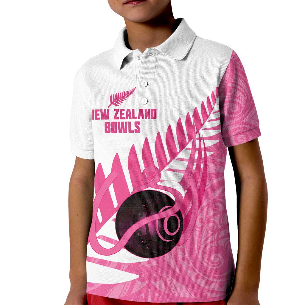 New Zealand Lawn Bowls Breast Cancer Custom Kid Polo Shirt Aotearoa Maori Silver Fern Pink Ribbon - Polynesian Pride