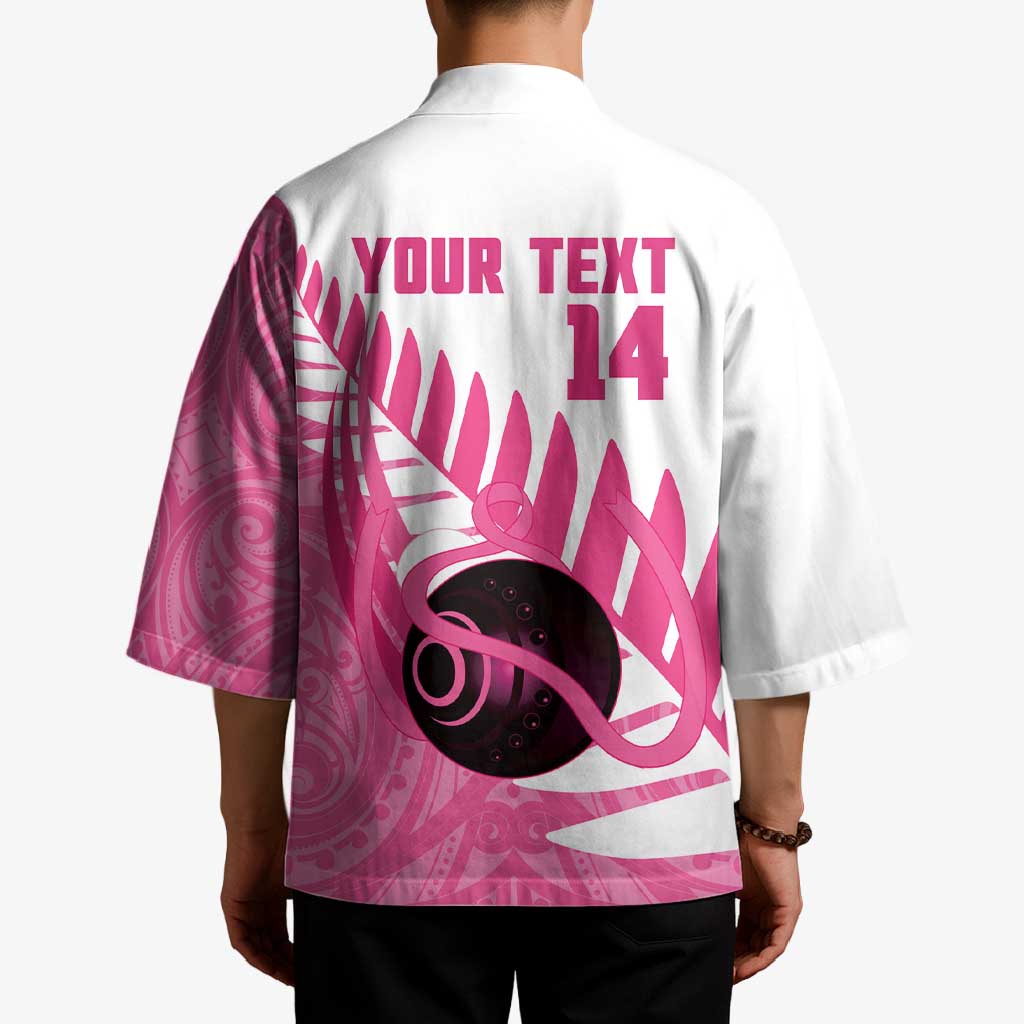 New Zealand Lawn Bowls Breast Cancer Custom Kimono Aotearoa Maori Silver Fern Pink Ribbon - Polynesian Pride