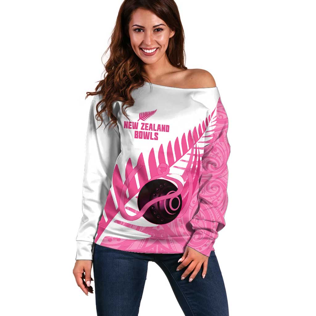 New Zealand Lawn Bowls Breast Cancer Custom Off Shoulder Sweater Aotearoa Maori Silver Fern Pink Ribbon - Polynesian Pride