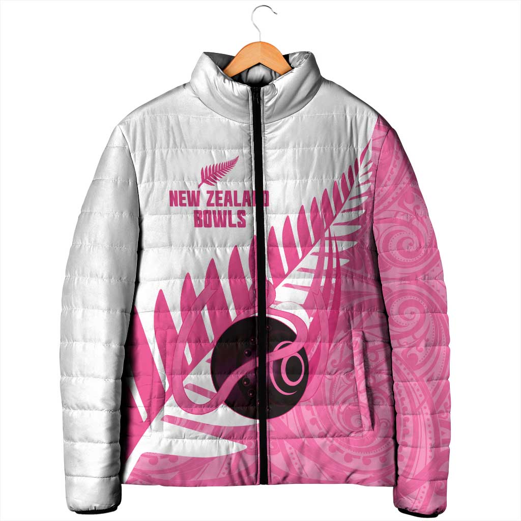 New Zealand Lawn Bowls Breast Cancer Custom Padded Jacket Aotearoa Maori Silver Fern Pink Ribbon - Polynesian Pride