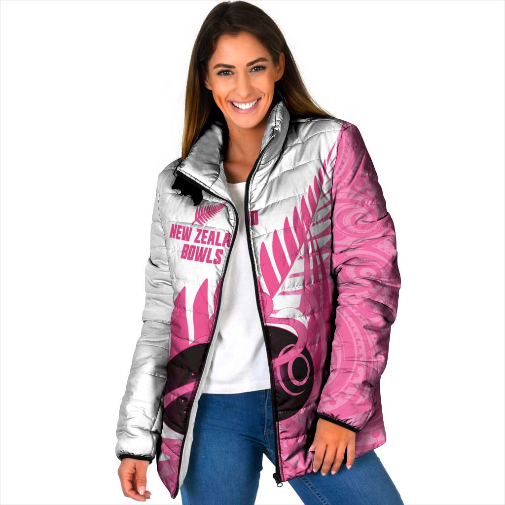 New Zealand Lawn Bowls Breast Cancer Custom Padded Jacket Aotearoa Maori Silver Fern Pink Ribbon - Polynesian Pride