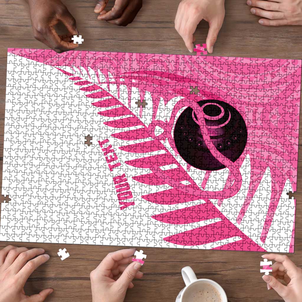 New Zealand Lawn Bowls Breast Cancer Custom Puzzle Aotearoa Maori Silver Fern Pink Ribbon - Polynesian Pride