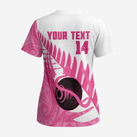 New Zealand Lawn Bowls Breast Cancer Custom Scrub Top Aotearoa Maori Silver Fern Pink Ribbon - Polynesian Pride