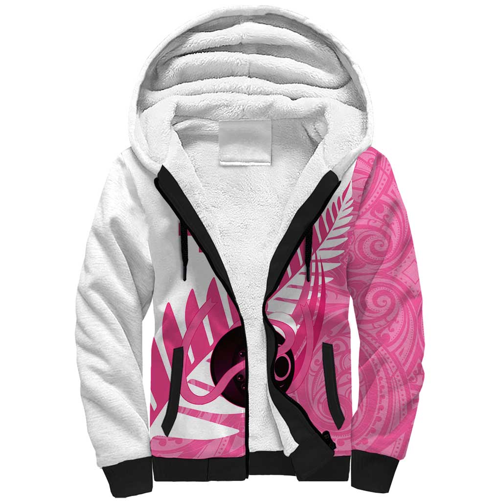 New Zealand Lawn Bowls Breast Cancer Custom Sherpa Hoodie Aotearoa Maori Silver Fern Pink Ribbon - Polynesian Pride