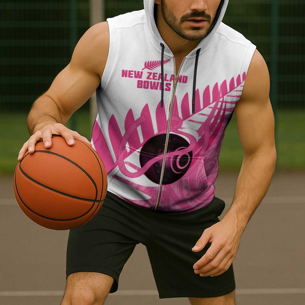 New Zealand Lawn Bowls Breast Cancer Custom Sleeveless Zip Hoodie Aotearoa Maori Silver Fern Pink Ribbon - Polynesian Pride