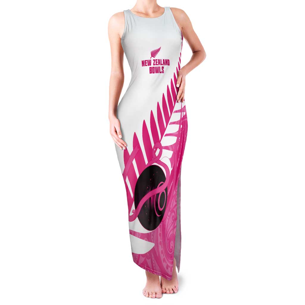 New Zealand Lawn Bowls Breast Cancer Custom Tank Maxi Dress Aotearoa Maori Silver Fern Pink Ribbon - Polynesian Pride
