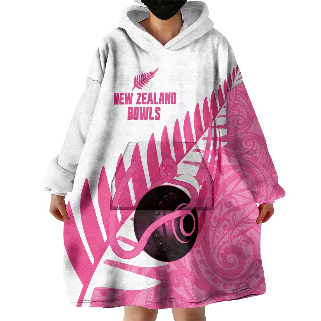 New Zealand Lawn Bowls Breast Cancer Custom Wearable Blanket Hoodie Aotearoa Maori Silver Fern Pink Ribbon - Polynesian Pride
