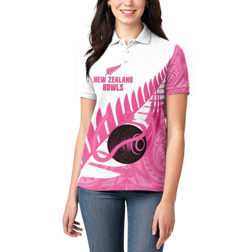 New Zealand Lawn Bowls Breast Cancer Custom Women Polo Shirt Aotearoa Maori Silver Fern Pink Ribbon - Polynesian Pride
