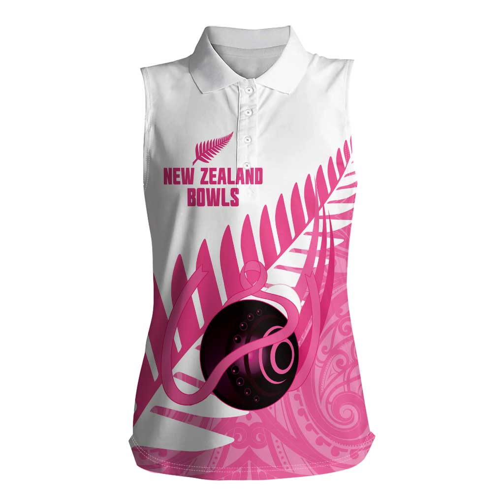 New Zealand Lawn Bowls Breast Cancer Custom Women Sleeveless Polo Shirt Aotearoa Maori Silver Fern Pink Ribbon - Polynesian Pride