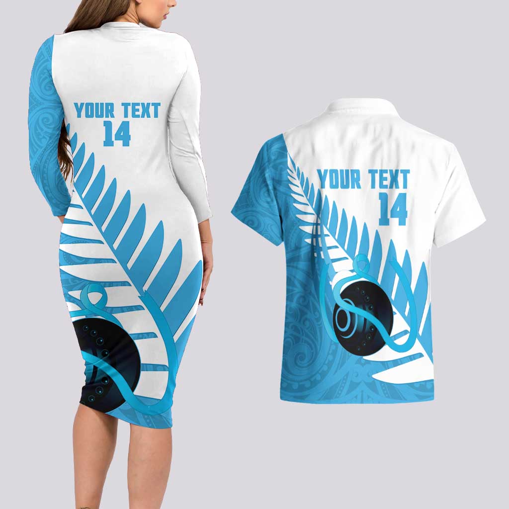 New Zealand Lawn Bowls Prostate Cancer Custom Couples Matching Long Sleeve Bodycon Dress and Hawaiian Shirt Aotearoa Maori Silver Fern Blue Ribbon - Polynesian Pride