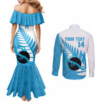 New Zealand Lawn Bowls Prostate Cancer Custom Couples Matching Mermaid Dress and Long Sleeve Button Shirt Aotearoa Maori Silver Fern Blue Ribbon - Polynesian Pride