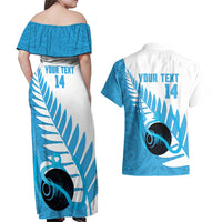 New Zealand Lawn Bowls Prostate Cancer Custom Couples Matching Off Shoulder Maxi Dress and Hawaiian Shirt Aotearoa Maori Silver Fern Blue Ribbon - Polynesian Pride