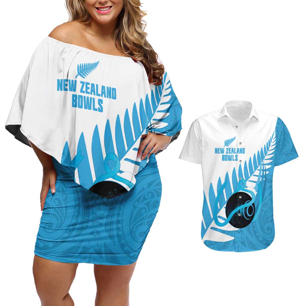 New Zealand Lawn Bowls Prostate Cancer Custom Couples Matching Off Shoulder Short Dress and Hawaiian Shirt Aotearoa Maori Silver Fern Blue Ribbon - Polynesian Pride