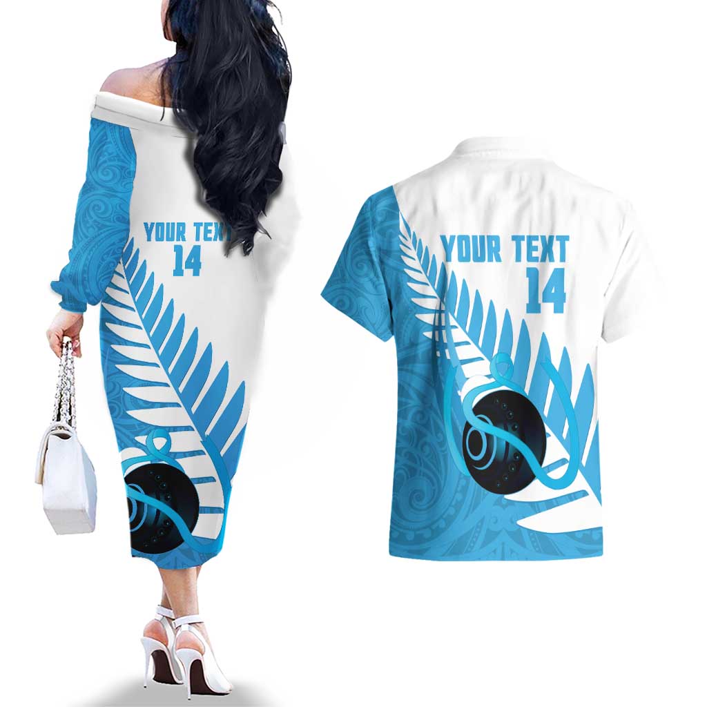 New Zealand Lawn Bowls Prostate Cancer Custom Couples Matching Off The Shoulder Long Sleeve Dress and Hawaiian Shirt Aotearoa Maori Silver Fern Blue Ribbon - Polynesian Pride
