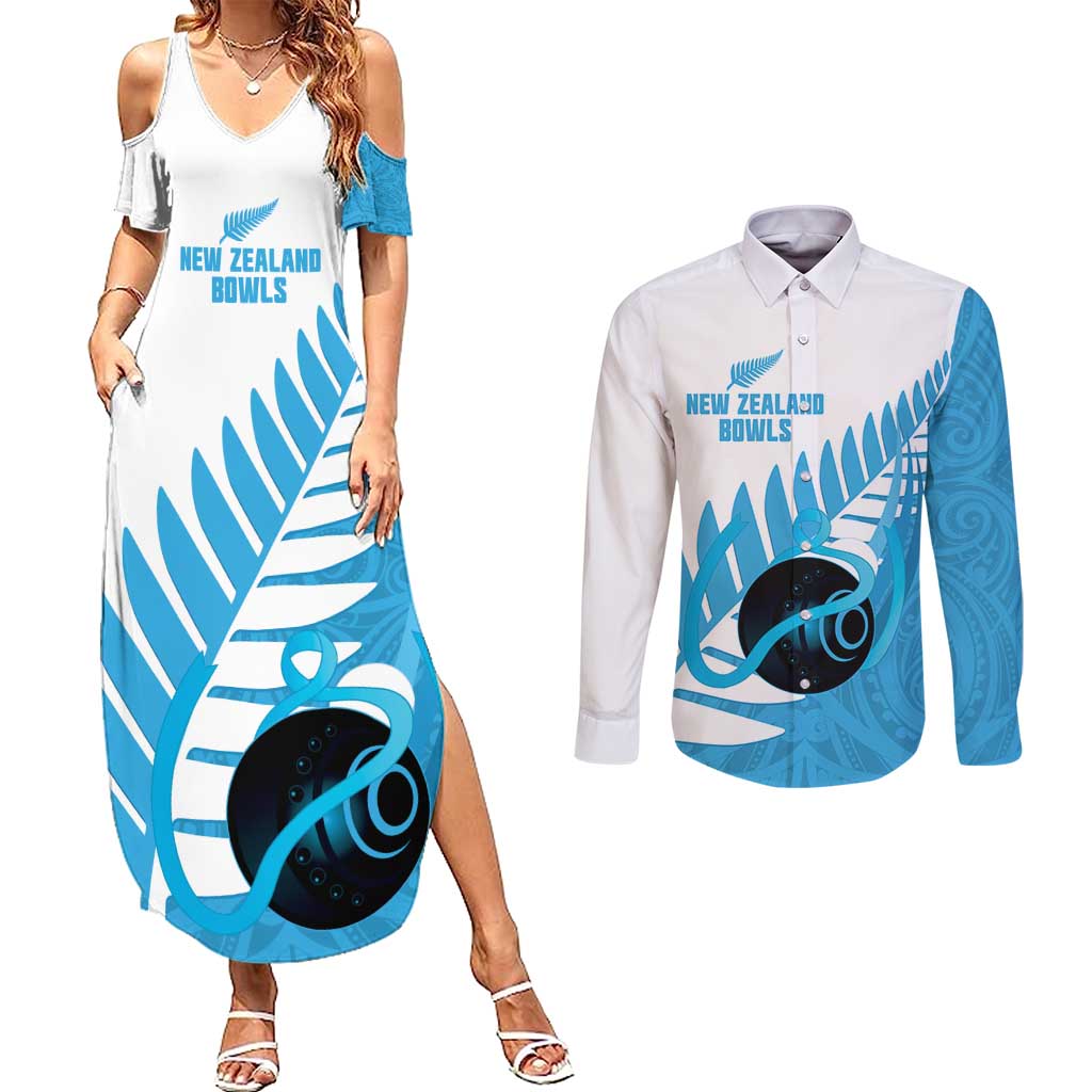 New Zealand Lawn Bowls Prostate Cancer Custom Couples Matching Summer Maxi Dress and Long Sleeve Button Shirt Aotearoa Maori Silver Fern Blue Ribbon - Polynesian Pride