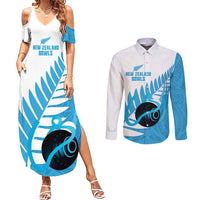 New Zealand Lawn Bowls Prostate Cancer Custom Couples Matching Summer Maxi Dress and Long Sleeve Button Shirt Aotearoa Maori Silver Fern Blue Ribbon - Polynesian Pride