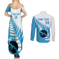 New Zealand Lawn Bowls Prostate Cancer Custom Couples Matching Summer Maxi Dress and Long Sleeve Button Shirt Aotearoa Maori Silver Fern Blue Ribbon - Polynesian Pride
