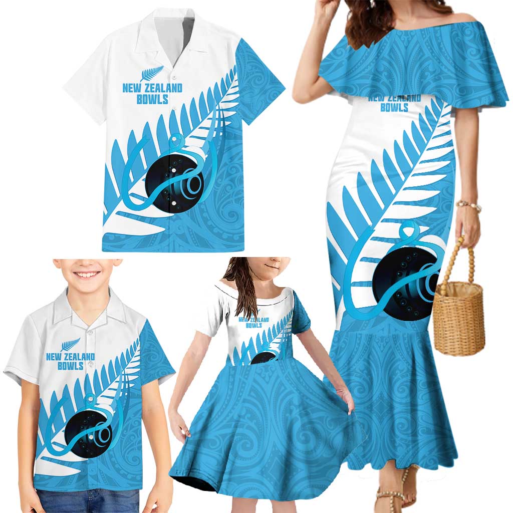 New Zealand Lawn Bowls Prostate Cancer Custom Family Matching Mermaid Dress and Hawaiian Shirt Aotearoa Maori Silver Fern Blue Ribbon - Polynesian Pride