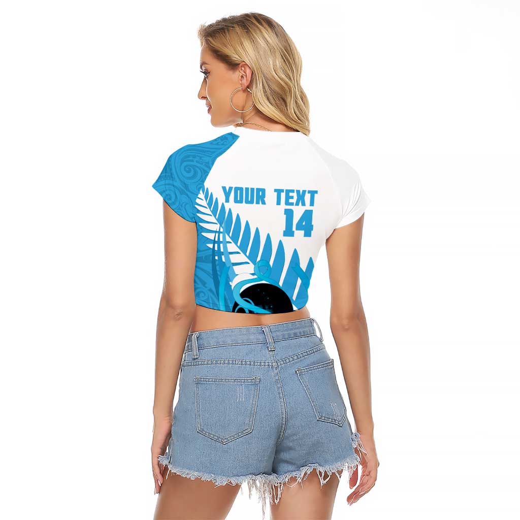 New Zealand Lawn Bowls Prostate Cancer Custom Raglan Cropped T Shirt Aotearoa Maori Silver Fern Blue Ribbon - Polynesian Pride
