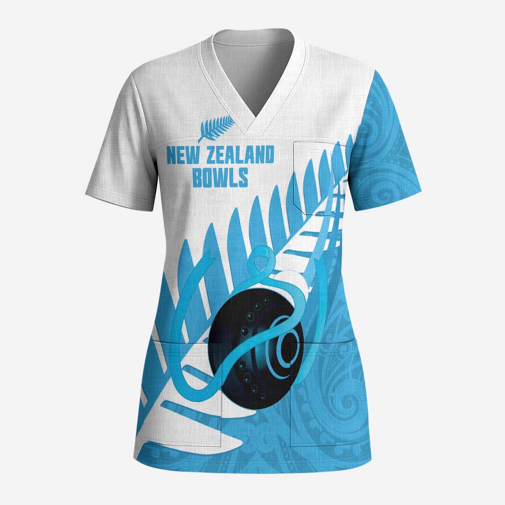 New Zealand Lawn Bowls Prostate Cancer Custom Scrub Top Aotearoa Maori Silver Fern Blue Ribbon - Polynesian Pride