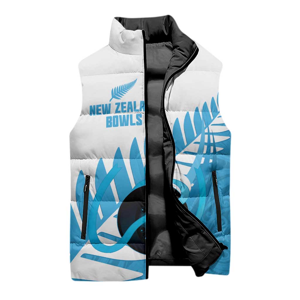 New Zealand Lawn Bowls Prostate Cancer Custom Sleeveless Puffer Jacket Aotearoa Maori Silver Fern Blue Ribbon - Polynesian Pride