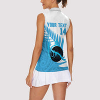 New Zealand Lawn Bowls Prostate Cancer Custom Women Sleeveless Polo Shirt Aotearoa Maori Silver Fern Blue Ribbon - Polynesian Pride