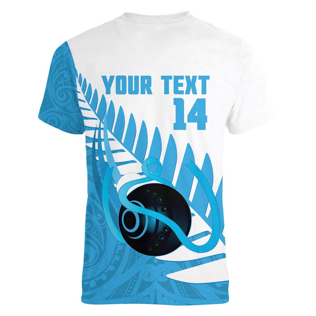 New Zealand Lawn Bowls Prostate Cancer Custom Women V-Neck T-Shirt Aotearoa Maori Silver Fern Blue Ribbon - Polynesian Pride