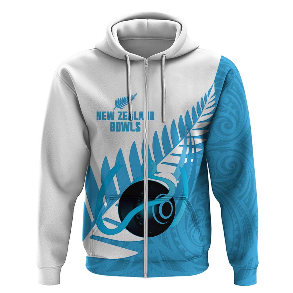 New Zealand Lawn Bowls Prostate Cancer Custom Zip Hoodie Aotearoa Maori Silver Fern Blue Ribbon - Polynesian Pride