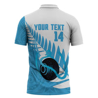 New Zealand Lawn Bowls Prostate Cancer Custom Zipper Polo Shirt Aotearoa Maori Silver Fern Blue Ribbon - Polynesian Pride