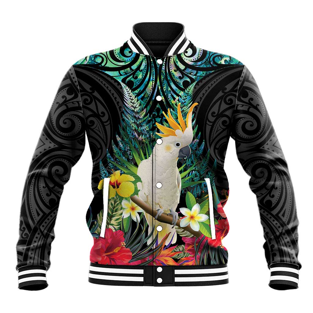 Sulphur-crested Cockatoo New Zealand Baseball Jacket Paua Shell Aotearoa Maori Tropical Flowers - Polynesian Pride