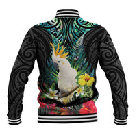 Sulphur-crested Cockatoo New Zealand Baseball Jacket Paua Shell Aotearoa Maori Tropical Flowers - Polynesian Pride