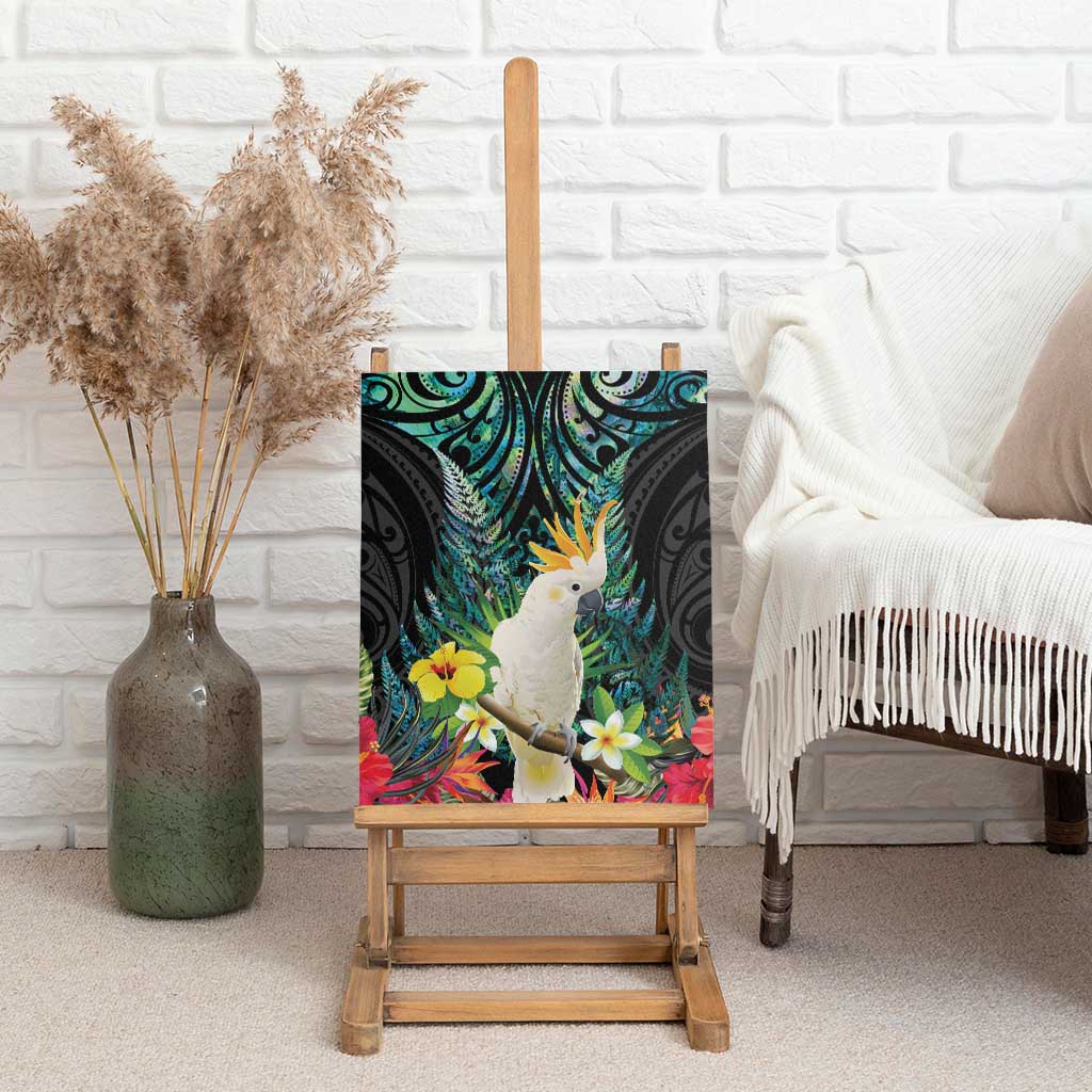 Sulphur-crested Cockatoo New Zealand Canvas Wall Art Paua Shell Aotearoa Maori Tropical Flowers - Polynesian Pride